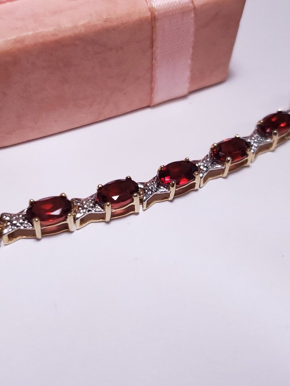 Estate 7.0ctw Natural Oval Garnet & Diamond Star Link 10Kt Y/Gold Bracelet#24696